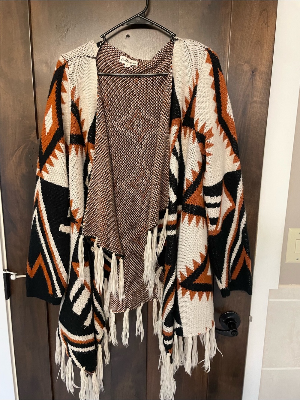 Open-Front Fringe Cardigan Sweater in Cream, Black & Rust